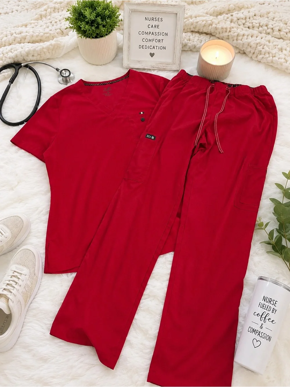 Koi Women’s Red Scrub Set - One pocket V Neck Top & Drawstring Cargo Pants